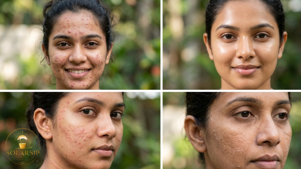 A four-panel before-and-after style collage tracking skin progress, showing active acne breakouts, peeling skin, and a final clear, radiant complexion. Includes the SolarSip Social logo.