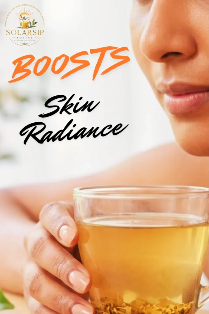 A person holding a glass of herbal tea next to text that reads "BOOSTS Skin Radiance" with the SolarSip Social logo.