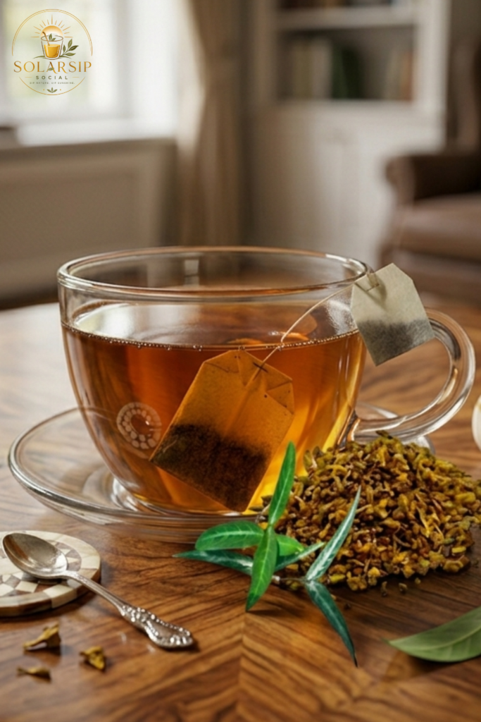 A glass cup of steeping herbal tea on a wooden table, next to a pile of loose dried herbs and a fresh green leafy vine, featuring the SolarSip Social logo.